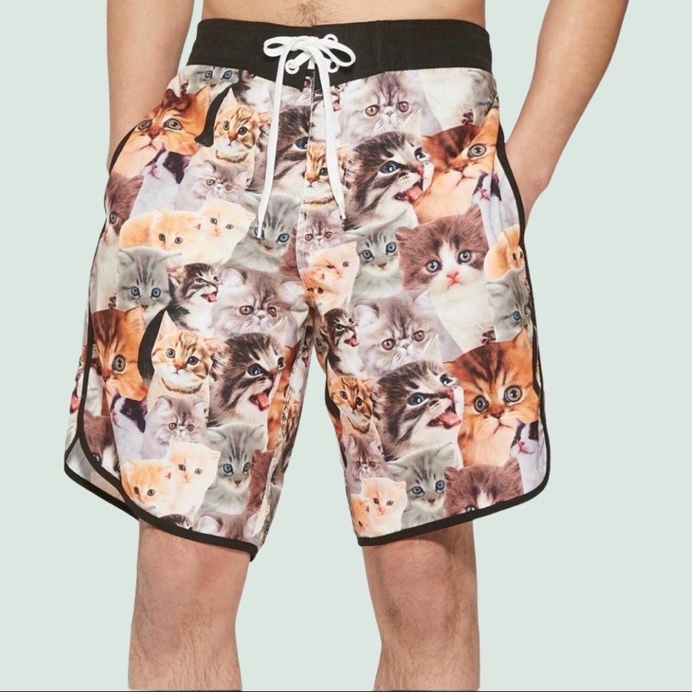 Bioworld Kitten Novelty Cat Print Hybrid Dad Board Shorts Swim Trunks White L - Picture 3 of 13